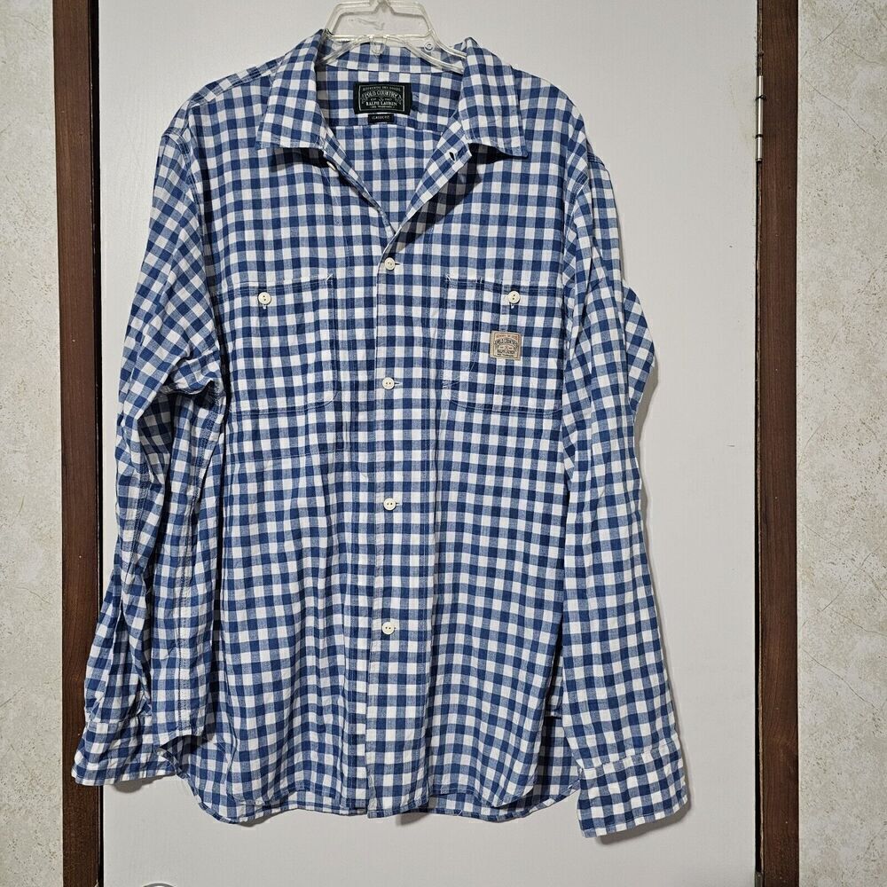 Polo Country Ralph Lauren Classic Fit Blue White Checks Plaid Large XL Vintage